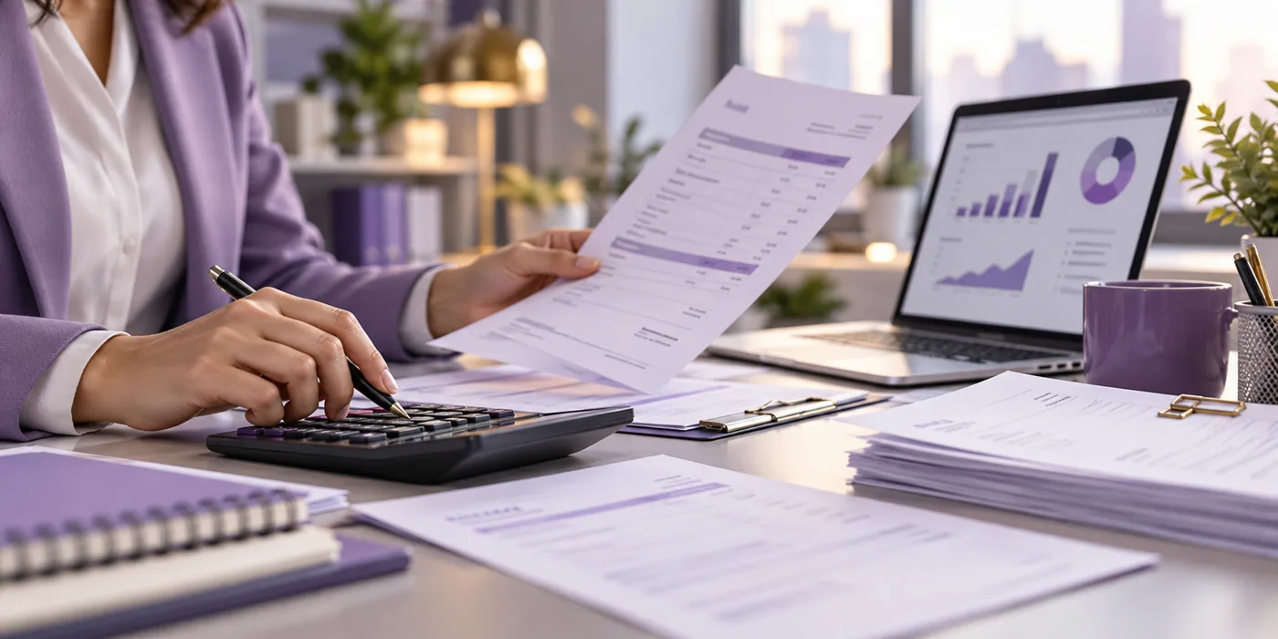 Illustrative accountant reviewing invoices with a laptop and calculator