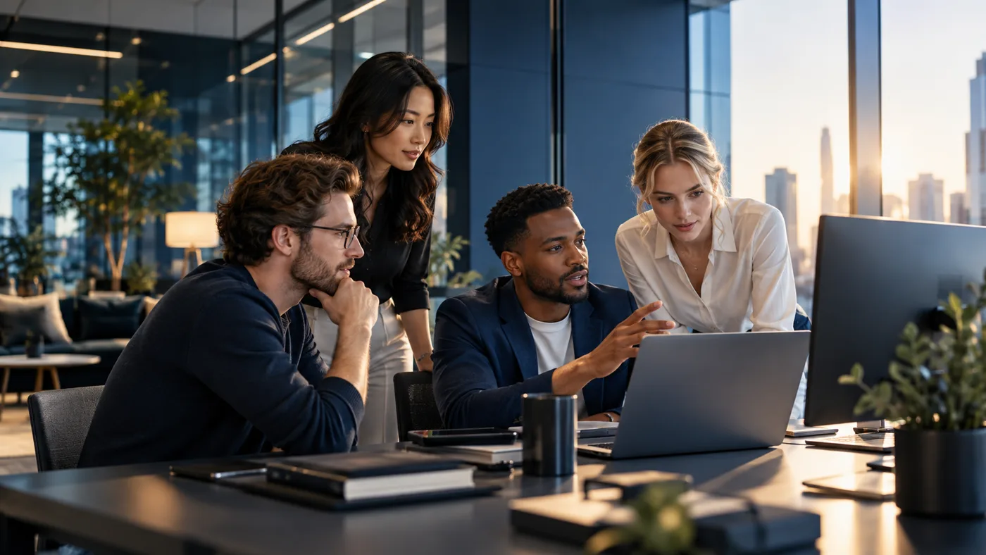 Illustrative software team collaborating in a modern office